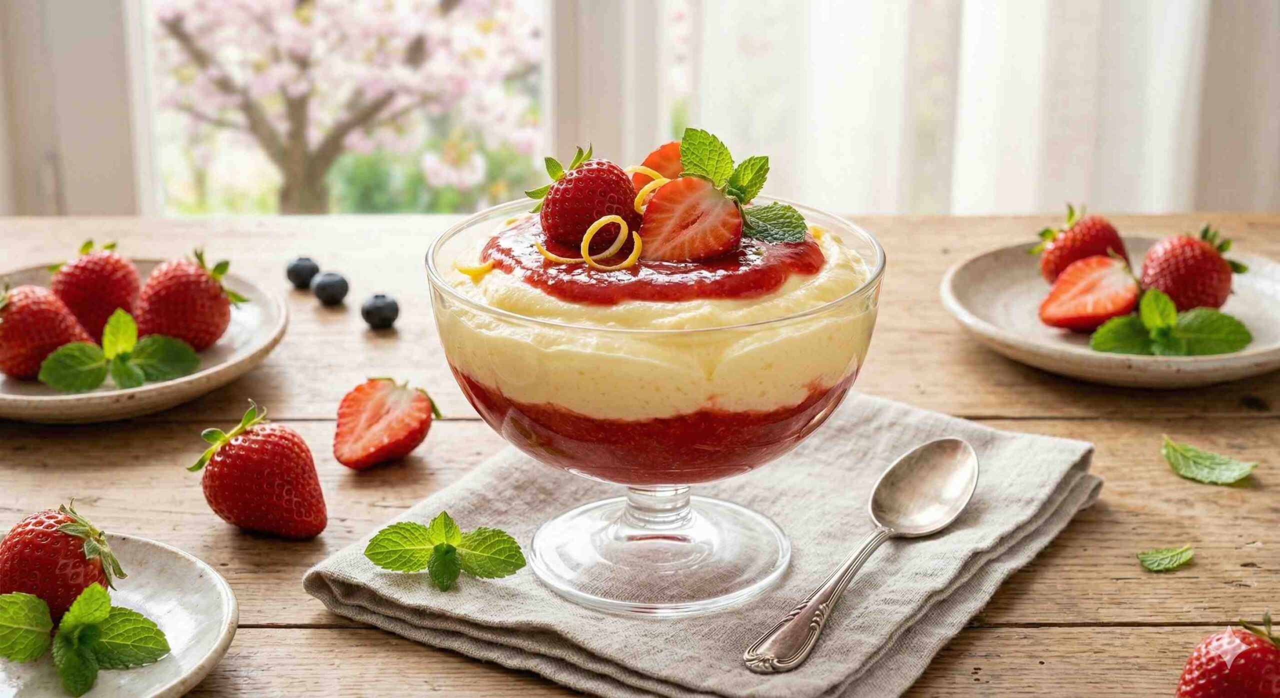 Sinfonia di Primavera: Mousse Leggera al Limone con Coulis di Fragole Fresche