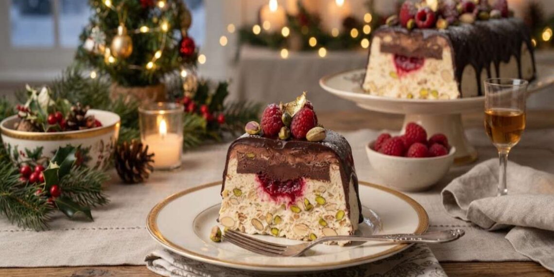 Semifreddo al Torrone e Cioccolato Fondente con Cuore ai Lamponi