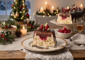 Semifreddo al Torrone e Cioccolato Fondente con Cuore ai Lamponi